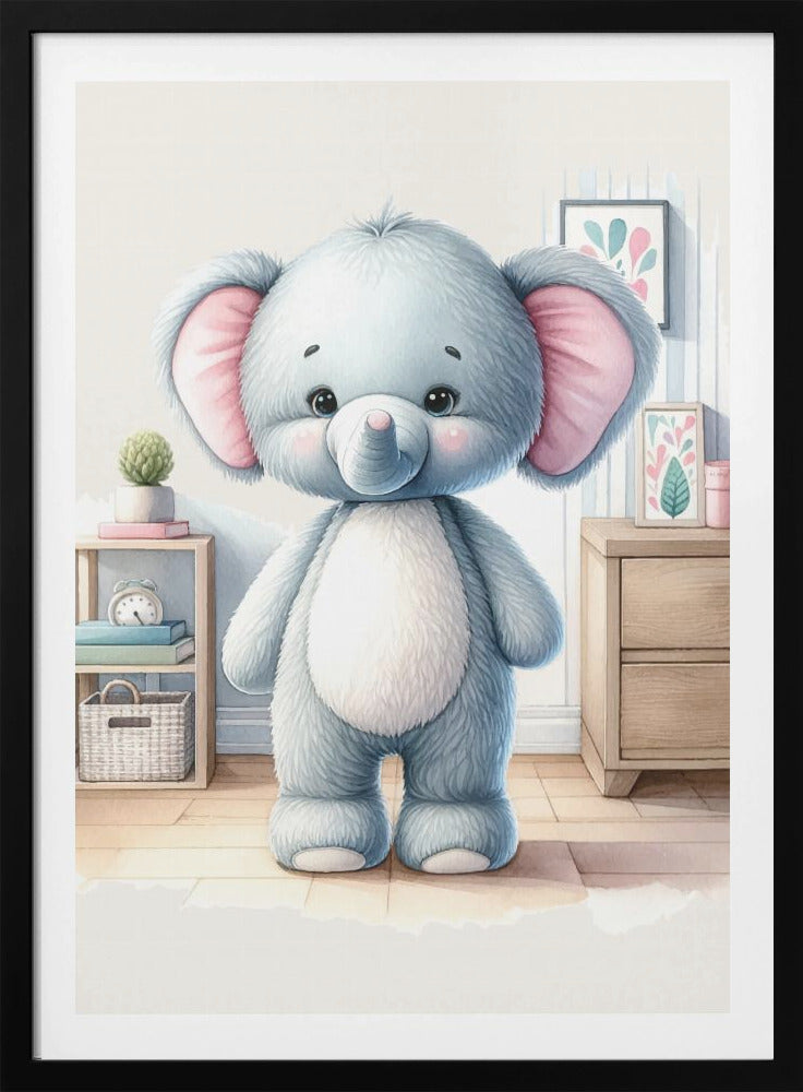 A watercolor illustration of a cute, fluffy, light blue stuffed elephant with large pink ears and a white tummy, standing in a brightly lit child's room. Artwork