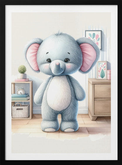 A watercolor illustration of a cute, fluffy, light blue stuffed elephant with large pink ears and a white tummy, standing in a brightly lit child's room. Artwork
