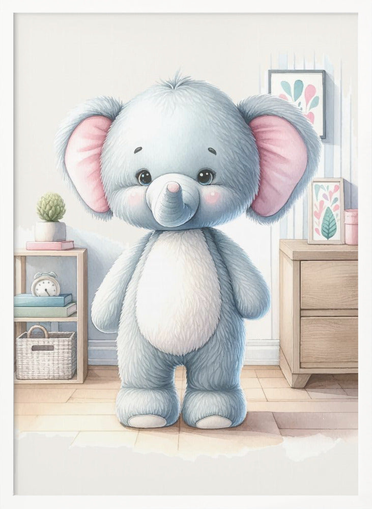A watercolor illustration of a cute, fluffy, light blue stuffed elephant with large pink ears and a white tummy, standing in a brightly lit child's room. Artwork