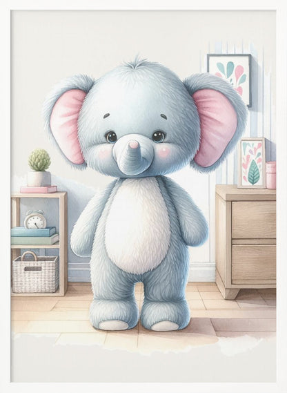 A watercolor illustration of a cute, fluffy, light blue stuffed elephant with large pink ears and a white tummy, standing in a brightly lit child's room. Artwork
