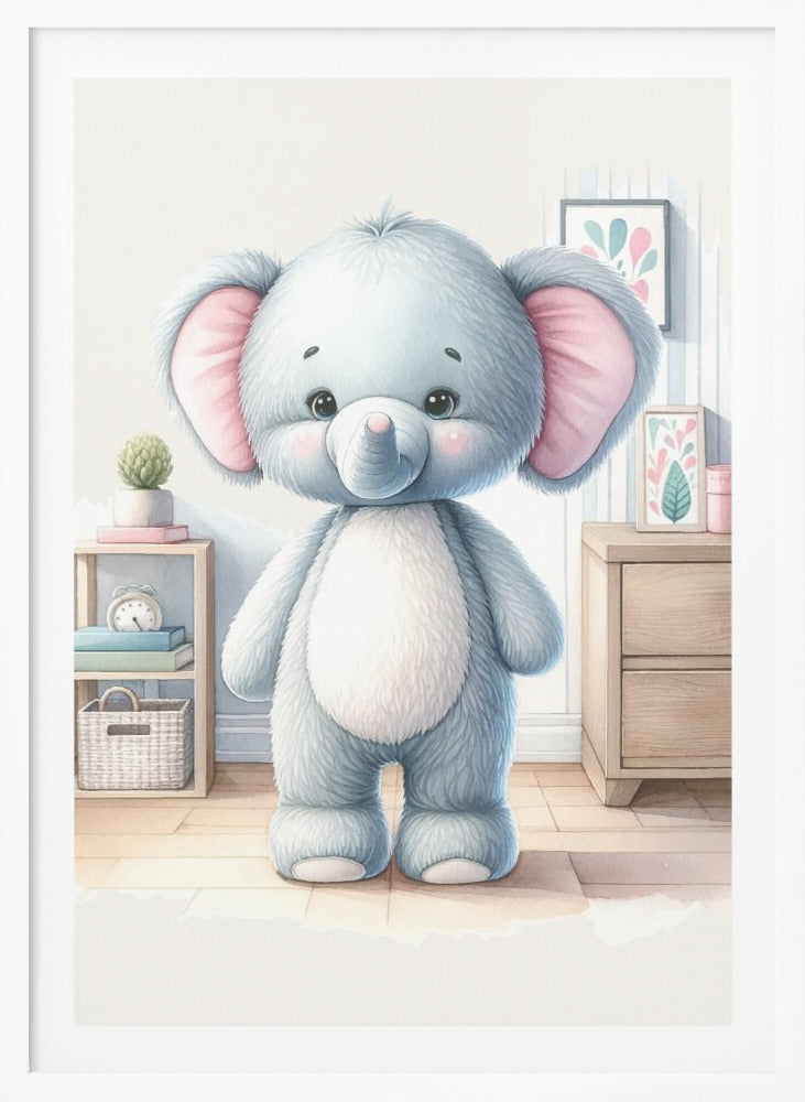 A watercolor illustration of a cute, fluffy, light blue stuffed elephant with large pink ears and a white tummy, standing in a brightly lit child's room. Artwork