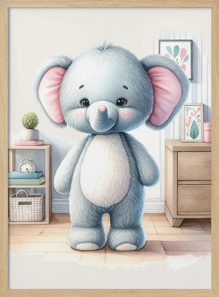 A watercolor illustration of a cute, fluffy, light blue stuffed elephant with large pink ears and a white tummy, standing in a brightly lit child's room. Artwork