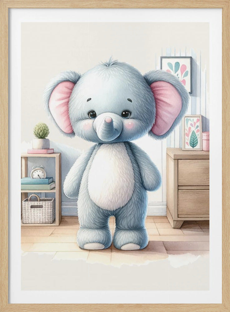 A watercolor illustration of a cute, fluffy, light blue stuffed elephant with large pink ears and a white tummy, standing in a brightly lit child's room. Artwork