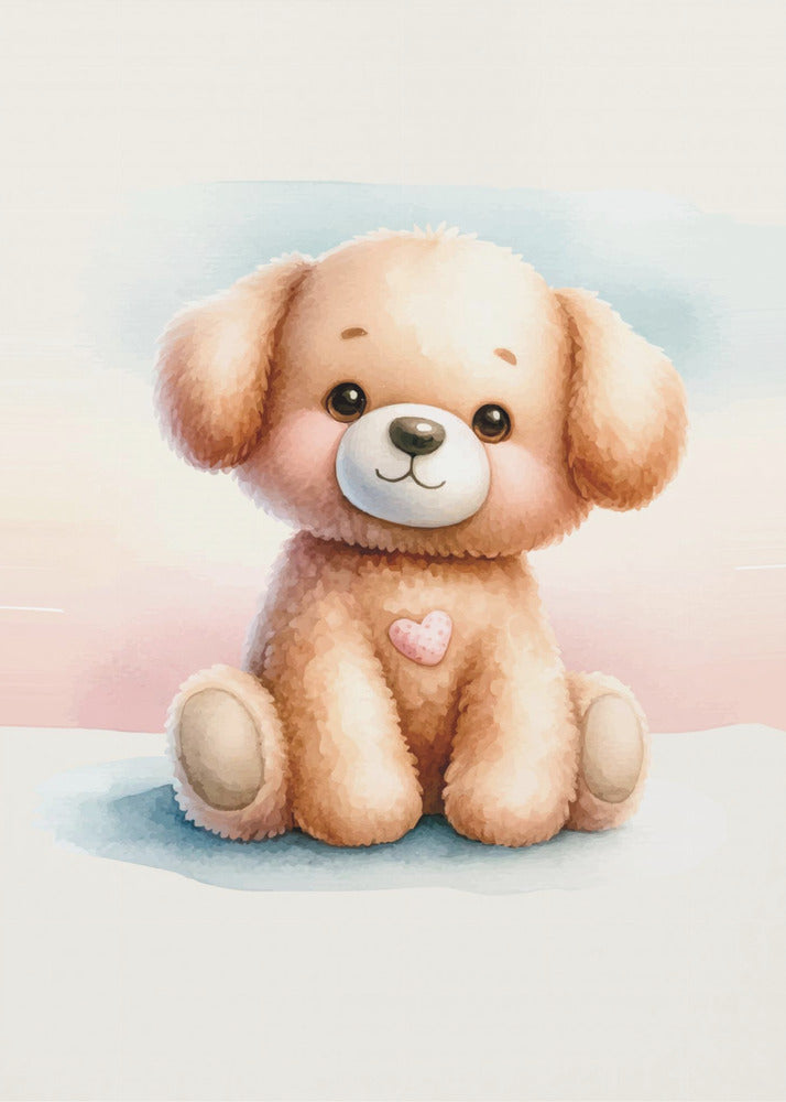 A watercolor illustration of an adorable, fluffy light brown puppy sitting down. The puppy has large, dark eyes, rosy cheeks, a gentle smile, and a small pink heart on its chest. The background is a soft wash of pastel blue and pink. The entire image is presented within a thin black frame. Decor