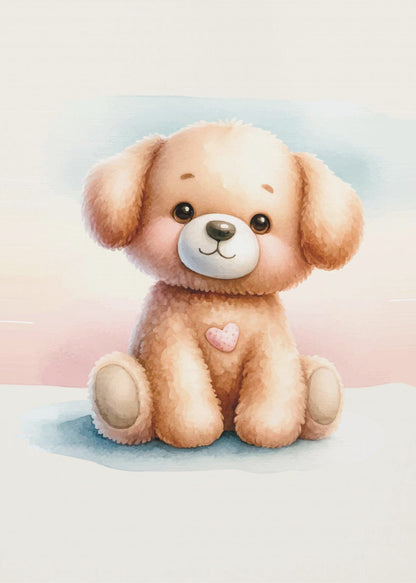 A watercolor illustration of an adorable, fluffy light brown puppy sitting down. The puppy has large, dark eyes, rosy cheeks, a gentle smile, and a small pink heart on its chest. The background is a soft wash of pastel blue and pink. The entire image is presented within a thin black frame. Decor