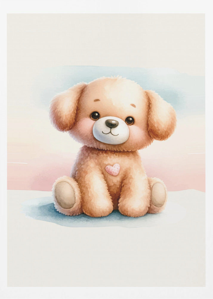 A watercolor illustration of an adorable, fluffy light brown puppy sitting down. The puppy has large, dark eyes, rosy cheeks, a gentle smile, and a small pink heart on its chest. The background is a soft wash of pastel blue and pink. The entire image is presented within a thin black frame. Decor