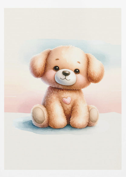A watercolor illustration of an adorable, fluffy light brown puppy sitting down. The puppy has large, dark eyes, rosy cheeks, a gentle smile, and a small pink heart on its chest. The background is a soft wash of pastel blue and pink. The entire image is presented within a thin black frame. Decor