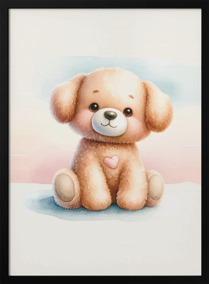 A watercolor illustration of an adorable, fluffy light brown puppy sitting down. The puppy has large, dark eyes, rosy cheeks, a gentle smile, and a small pink heart on its chest. The background is a soft wash of pastel blue and pink. The entire image is presented within a thin black frame. Decor