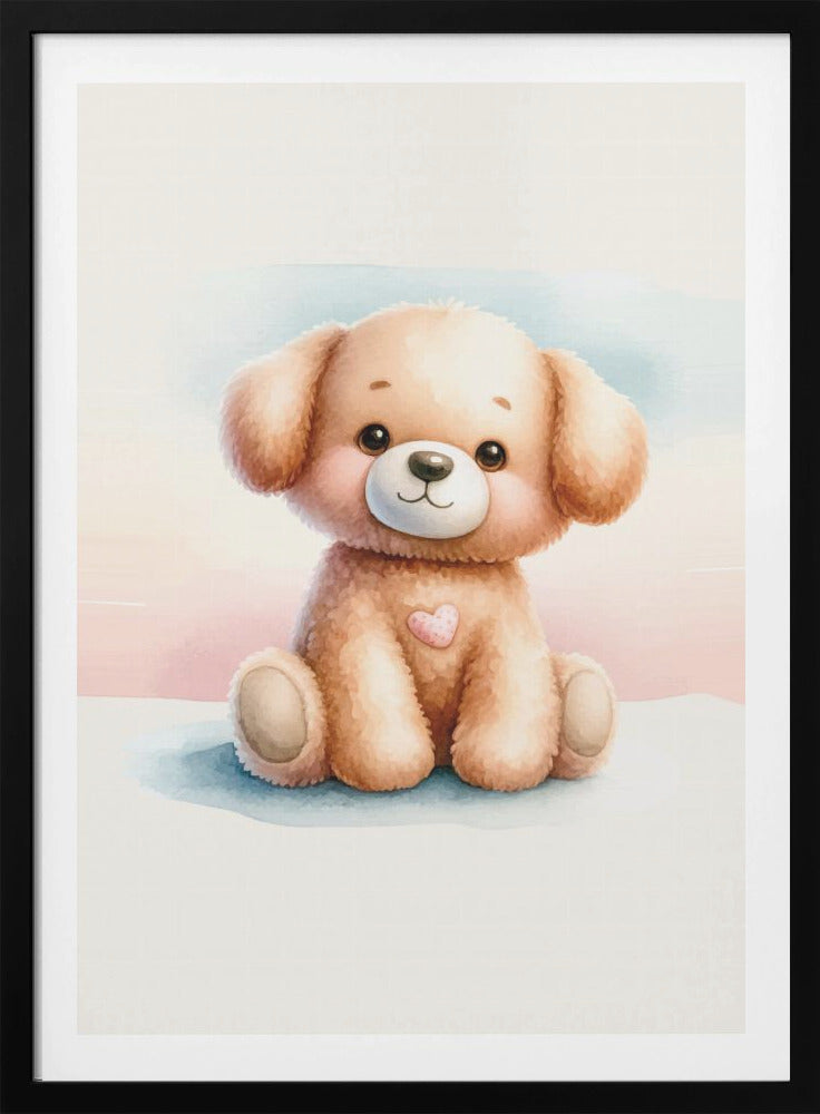 A watercolor illustration of an adorable, fluffy light brown puppy sitting down. The puppy has large, dark eyes, rosy cheeks, a gentle smile, and a small pink heart on its chest. The background is a soft wash of pastel blue and pink. The entire image is presented within a thin black frame. Decor