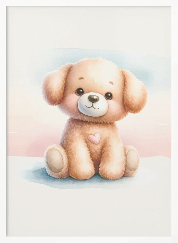 A watercolor illustration of an adorable, fluffy light brown puppy sitting down. The puppy has large, dark eyes, rosy cheeks, a gentle smile, and a small pink heart on its chest. The background is a soft wash of pastel blue and pink. The entire image is presented within a thin black frame. Decor