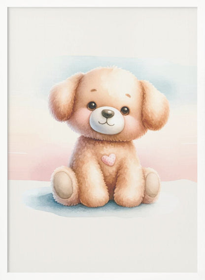 A watercolor illustration of an adorable, fluffy light brown puppy sitting down. The puppy has large, dark eyes, rosy cheeks, a gentle smile, and a small pink heart on its chest. The background is a soft wash of pastel blue and pink. The entire image is presented within a thin black frame. Decor