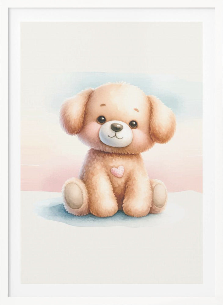 A watercolor illustration of an adorable, fluffy light brown puppy sitting down. The puppy has large, dark eyes, rosy cheeks, a gentle smile, and a small pink heart on its chest. The background is a soft wash of pastel blue and pink. The entire image is presented within a thin black frame. Decor