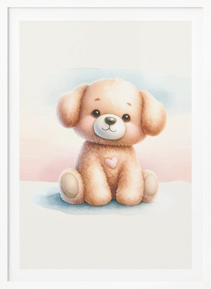 A watercolor illustration of an adorable, fluffy light brown puppy sitting down. The puppy has large, dark eyes, rosy cheeks, a gentle smile, and a small pink heart on its chest. The background is a soft wash of pastel blue and pink. The entire image is presented within a thin black frame. Decor