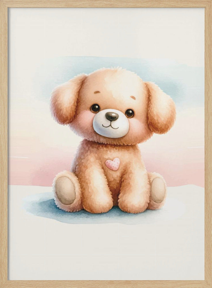 A watercolor illustration of an adorable, fluffy light brown puppy sitting down. The puppy has large, dark eyes, rosy cheeks, a gentle smile, and a small pink heart on its chest. The background is a soft wash of pastel blue and pink. The entire image is presented within a thin black frame. Decor