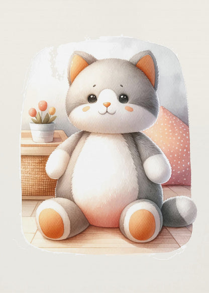 A framed watercolor illustration of a chubby, gray and white stuffed cat sitting on the floor. The cat has cute orange cheeks, ears, and paws. In the background is a small plant and a pink polka dot pillow. Poster