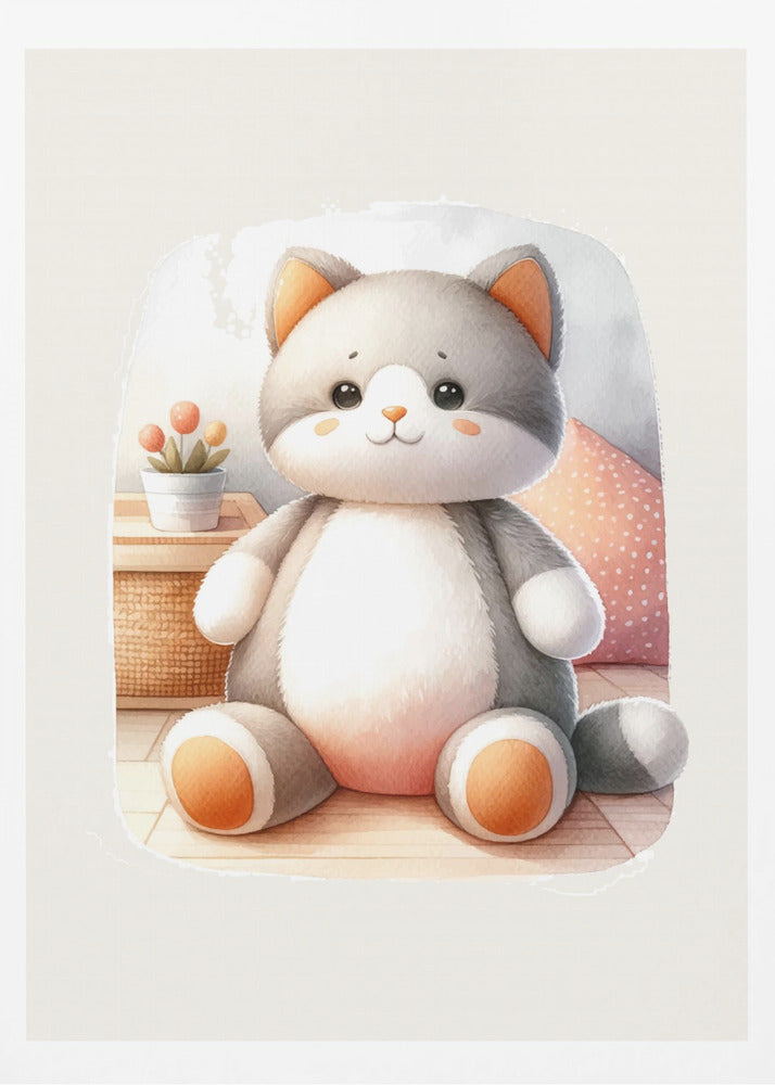A framed watercolor illustration of a chubby, gray and white stuffed cat sitting on the floor. The cat has cute orange cheeks, ears, and paws. In the background is a small plant and a pink polka dot pillow. Poster