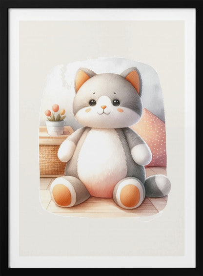 A framed watercolor illustration of a chubby, gray and white stuffed cat sitting on the floor. The cat has cute orange cheeks, ears, and paws. In the background is a small plant and a pink polka dot pillow. Poster