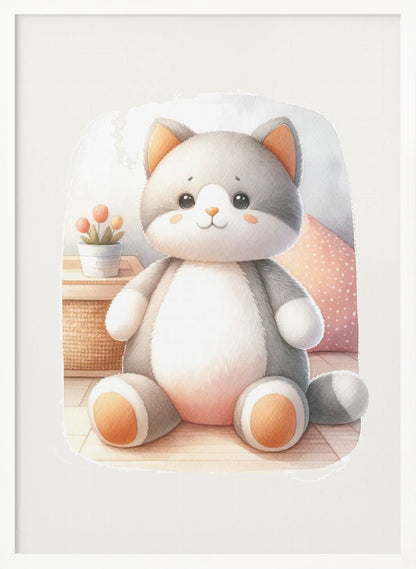 A framed watercolor illustration of a chubby, gray and white stuffed cat sitting on the floor. The cat has cute orange cheeks, ears, and paws. In the background is a small plant and a pink polka dot pillow. Poster
