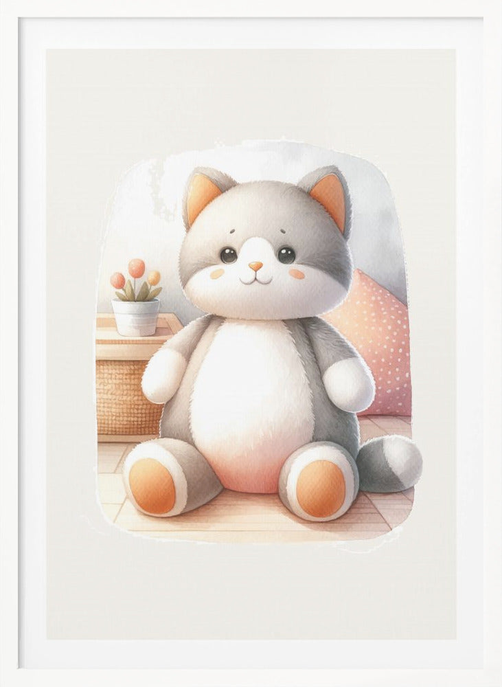 A framed watercolor illustration of a chubby, gray and white stuffed cat sitting on the floor. The cat has cute orange cheeks, ears, and paws. In the background is a small plant and a pink polka dot pillow. Poster