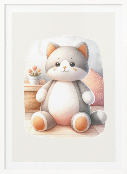 A framed watercolor illustration of a chubby, gray and white stuffed cat sitting on the floor. The cat has cute orange cheeks, ears, and paws. In the background is a small plant and a pink polka dot pillow. Poster