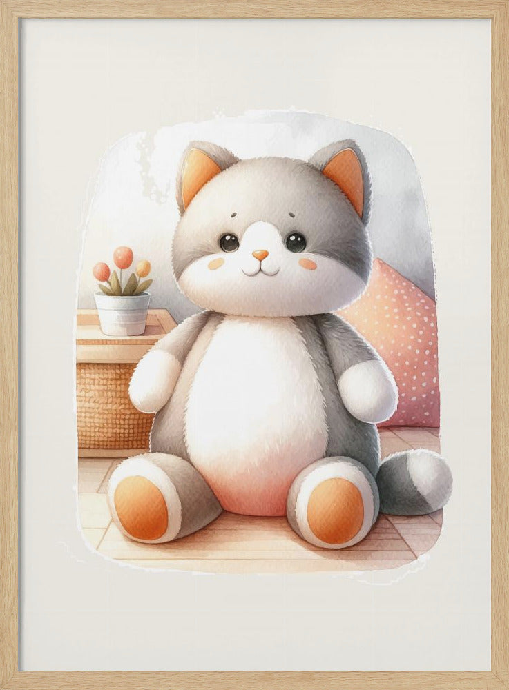 A framed watercolor illustration of a chubby, gray and white stuffed cat sitting on the floor. The cat has cute orange cheeks, ears, and paws. In the background is a small plant and a pink polka dot pillow. Poster