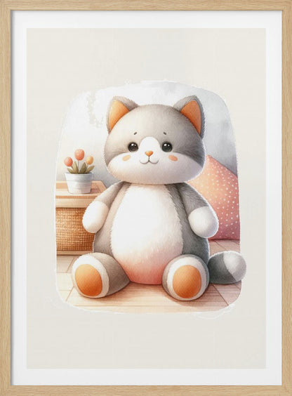 A framed watercolor illustration of a chubby, gray and white stuffed cat sitting on the floor. The cat has cute orange cheeks, ears, and paws. In the background is a small plant and a pink polka dot pillow. Poster
