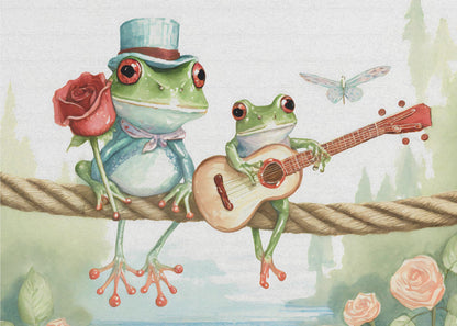 A whimsical watercolor illustration of two green frogs sitting on a thick rope. The frog on the left wears a blue top hat and holds a red rose, while the frog on the right serenades it with a small guitar. A dragonfly flies above them against a soft, natural background. Poster