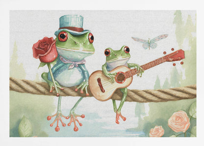 A whimsical watercolor illustration of two green frogs sitting on a thick rope. The frog on the left wears a blue top hat and holds a red rose, while the frog on the right serenades it with a small guitar. A dragonfly flies above them against a soft, natural background. Poster