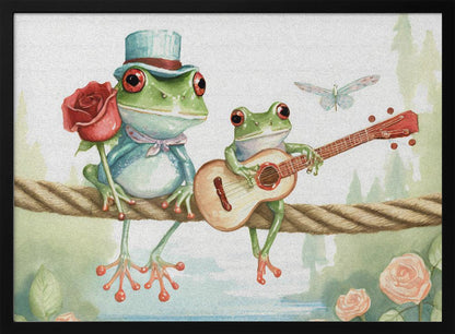 A whimsical watercolor illustration of two green frogs sitting on a thick rope. The frog on the left wears a blue top hat and holds a red rose, while the frog on the right serenades it with a small guitar. A dragonfly flies above them against a soft, natural background. Poster