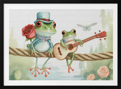A whimsical watercolor illustration of two green frogs sitting on a thick rope. The frog on the left wears a blue top hat and holds a red rose, while the frog on the right serenades it with a small guitar. A dragonfly flies above them against a soft, natural background. Poster