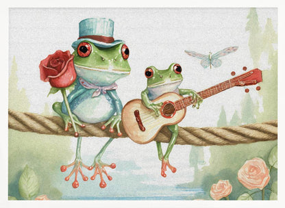 A whimsical watercolor illustration of two green frogs sitting on a thick rope. The frog on the left wears a blue top hat and holds a red rose, while the frog on the right serenades it with a small guitar. A dragonfly flies above them against a soft, natural background. Poster