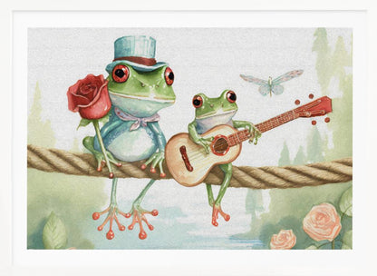 A whimsical watercolor illustration of two green frogs sitting on a thick rope. The frog on the left wears a blue top hat and holds a red rose, while the frog on the right serenades it with a small guitar. A dragonfly flies above them against a soft, natural background. Poster