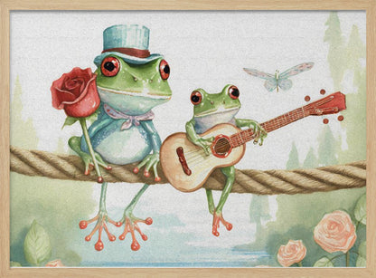 A whimsical watercolor illustration of two green frogs sitting on a thick rope. The frog on the left wears a blue top hat and holds a red rose, while the frog on the right serenades it with a small guitar. A dragonfly flies above them against a soft, natural background. Poster