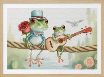 A whimsical watercolor illustration of two green frogs sitting on a thick rope. The frog on the left wears a blue top hat and holds a red rose, while the frog on the right serenades it with a small guitar. A dragonfly flies above them against a soft, natural background. Poster