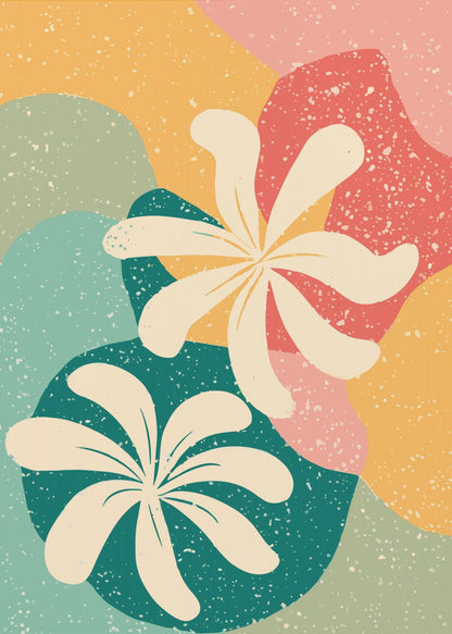 An abstract art print featuring two large, stylized, cream-colored flowers. The background is composed of layered, organic shapes in mustard yellow, teal, coral, and light green, all covered with a white speckled texture, reminiscent of terrazzo. The entire piece is enclosed in a thin black frame. Decor