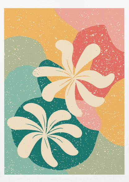 An abstract art print featuring two large, stylized, cream-colored flowers. The background is composed of layered, organic shapes in mustard yellow, teal, coral, and light green, all covered with a white speckled texture, reminiscent of terrazzo. The entire piece is enclosed in a thin black frame. Decor