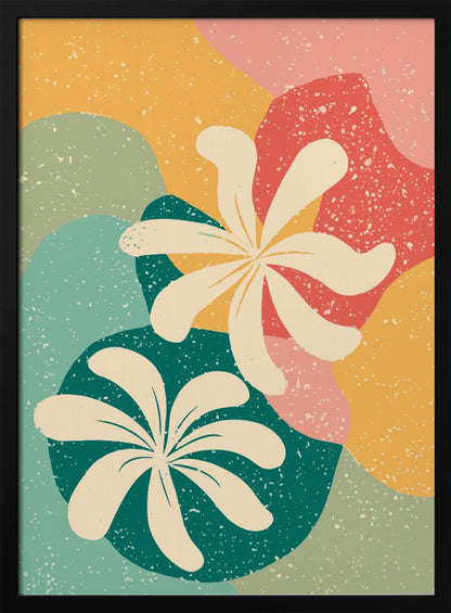 An abstract art print featuring two large, stylized, cream-colored flowers. The background is composed of layered, organic shapes in mustard yellow, teal, coral, and light green, all covered with a white speckled texture, reminiscent of terrazzo. The entire piece is enclosed in a thin black frame. Decor