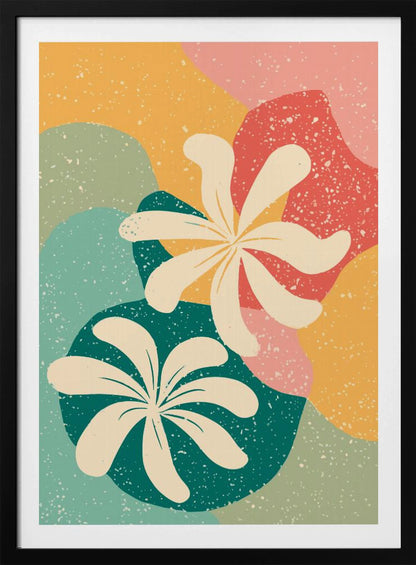 An abstract art print featuring two large, stylized, cream-colored flowers. The background is composed of layered, organic shapes in mustard yellow, teal, coral, and light green, all covered with a white speckled texture, reminiscent of terrazzo. The entire piece is enclosed in a thin black frame. Decor