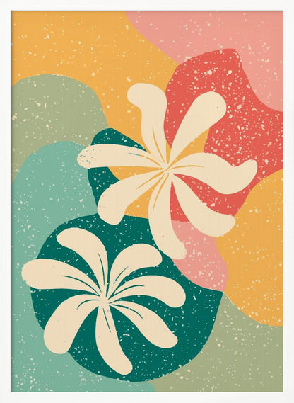 An abstract art print featuring two large, stylized, cream-colored flowers. The background is composed of layered, organic shapes in mustard yellow, teal, coral, and light green, all covered with a white speckled texture, reminiscent of terrazzo. The entire piece is enclosed in a thin black frame. Decor