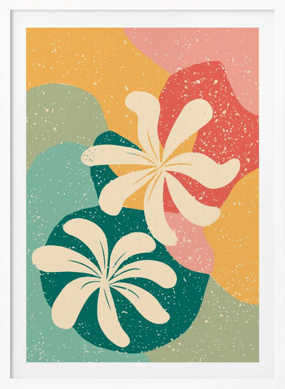 An abstract art print featuring two large, stylized, cream-colored flowers. The background is composed of layered, organic shapes in mustard yellow, teal, coral, and light green, all covered with a white speckled texture, reminiscent of terrazzo. The entire piece is enclosed in a thin black frame. Decor