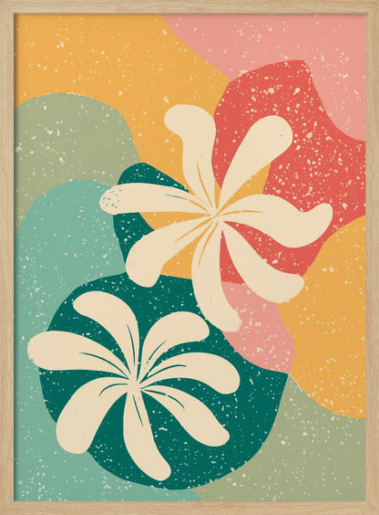 An abstract art print featuring two large, stylized, cream-colored flowers. The background is composed of layered, organic shapes in mustard yellow, teal, coral, and light green, all covered with a white speckled texture, reminiscent of terrazzo. The entire piece is enclosed in a thin black frame. Decor