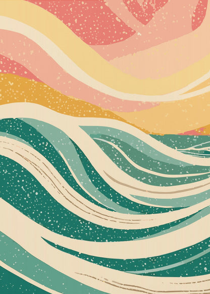 An abstract art print depicting stylized ocean waves in various shades of green and off-white. Above the waves, the sky is rendered in flowing bands of yellow, peach, and pink. The entire image has a speckled, retro texture and is enclosed in a thin black frame. Decor