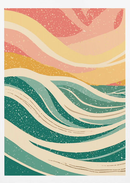 An abstract art print depicting stylized ocean waves in various shades of green and off-white. Above the waves, the sky is rendered in flowing bands of yellow, peach, and pink. The entire image has a speckled, retro texture and is enclosed in a thin black frame. Decor