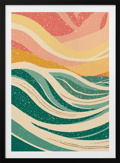 An abstract art print depicting stylized ocean waves in various shades of green and off-white. Above the waves, the sky is rendered in flowing bands of yellow, peach, and pink. The entire image has a speckled, retro texture and is enclosed in a thin black frame. Decor