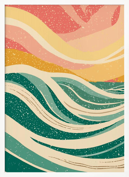 An abstract art print depicting stylized ocean waves in various shades of green and off-white. Above the waves, the sky is rendered in flowing bands of yellow, peach, and pink. The entire image has a speckled, retro texture and is enclosed in a thin black frame. Decor