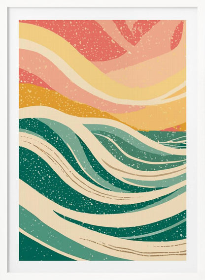 An abstract art print depicting stylized ocean waves in various shades of green and off-white. Above the waves, the sky is rendered in flowing bands of yellow, peach, and pink. The entire image has a speckled, retro texture and is enclosed in a thin black frame. Decor