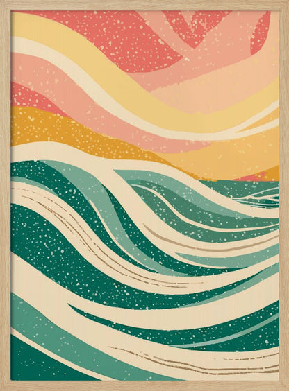 An abstract art print depicting stylized ocean waves in various shades of green and off-white. Above the waves, the sky is rendered in flowing bands of yellow, peach, and pink. The entire image has a speckled, retro texture and is enclosed in a thin black frame. Decor