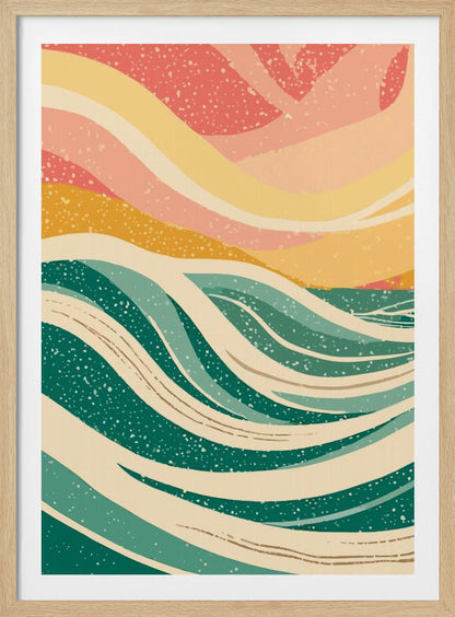 An abstract art print depicting stylized ocean waves in various shades of green and off-white. Above the waves, the sky is rendered in flowing bands of yellow, peach, and pink. The entire image has a speckled, retro texture and is enclosed in a thin black frame. Decor