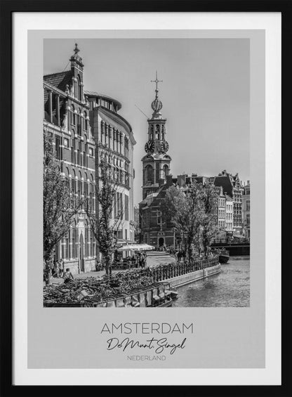 A black and white travel poster of Amsterdam, Netherlands. The photo shows the Munttoren clock tower and traditional Dutch buildings along the Singel canal. A floating barge filled with bicycles is in the foreground. The poster has a white border with the text 'AMSTERDAM', 'De Munt, Singel', and 'NEDERLAND' at the bottom. Artwork