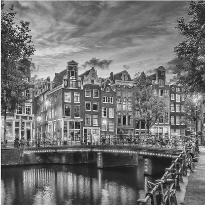 Monochrome art print depicting an idyllic impression of Singel in Amsterdam Wall Art